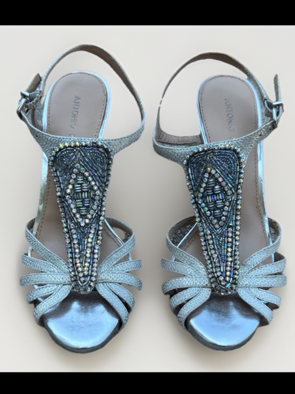 (7.5) Antonio Melani Silver Beaded T Strap Stiletto Heels